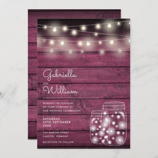 String Lights Mason Jars Rustic Wood Wedding Einladung (Vorne/Hinten)