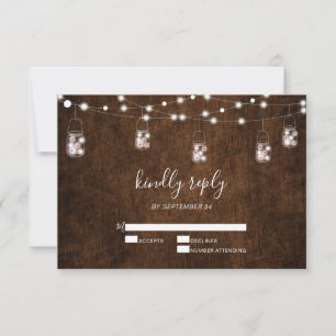 String Lights Mason Jars Rustic Wood Wedding RSVP Karte