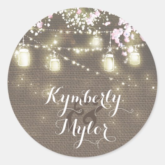 String Lights Mason Jars Rustikales Gipskraut Runder Aufkleber (Vorderseite)