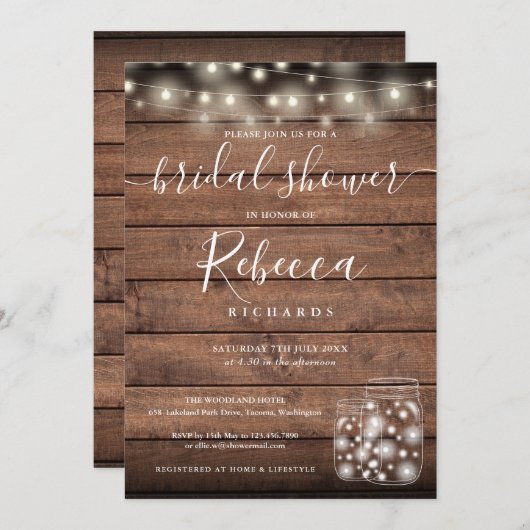 String Lights Mason Jars Script Brautparty Einladung (Vorne/Hinten)