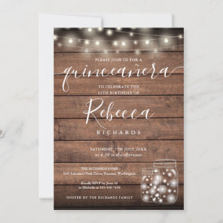 String Lights Mason Jars Script Quinceañera 15. Einladung