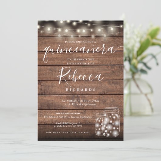 String Lights Mason Jars Script Quinceañera 15. Einladung (Stehend Vorderseite)