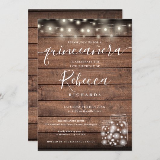 String Lights Mason Jars Script Quinceañera 15. Einladung (Vorne/Hinten)