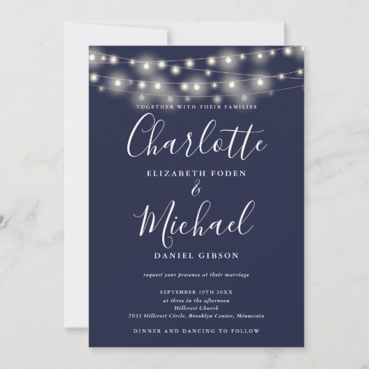 String Lights Navy Blue All in one Simple Wedding Einladung (Vorderseite)
