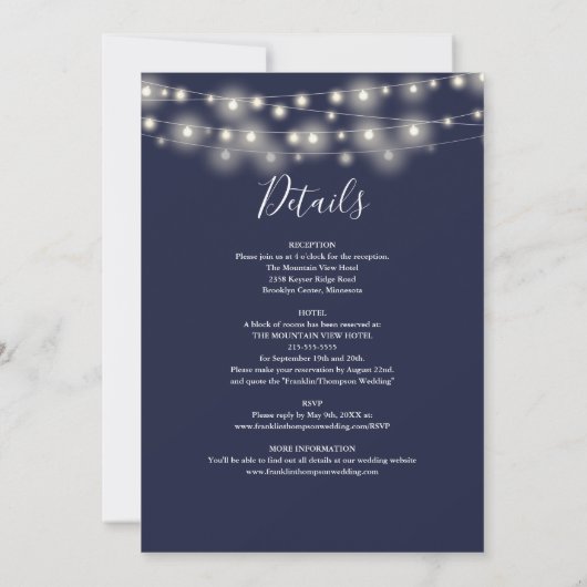 String Lights Navy Blue All in one Simple Wedding Einladung (Rückseite)