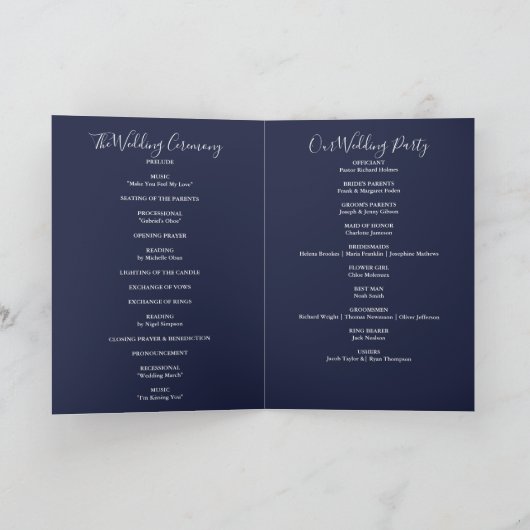 String Lights Navy Blue Elegant Script Hochzeit Programm (Innenseite)