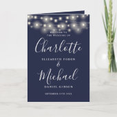 String Lights Navy Blue Elegant Script Hochzeit Programm (Vorderseite)