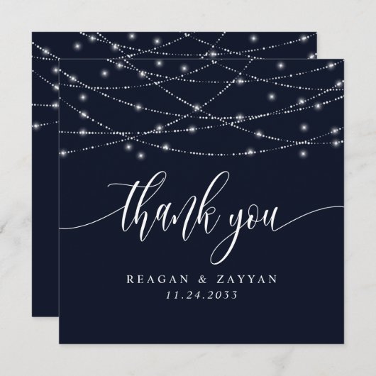 String Lights Navy Blue Elegant Wedding Dankeskarte (Vorne/Hinten)