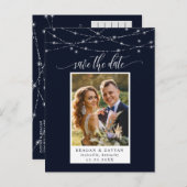 String Lights Navy Blue Foto Save the Date Ankündigungspostkarte (Vorne/Hinten)