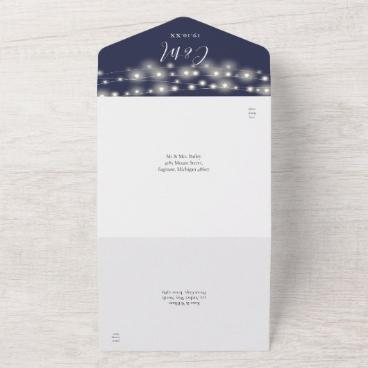 String Lights Navy Blue Script QR Code Hochzeit All In One Einladung (Außenbereich)