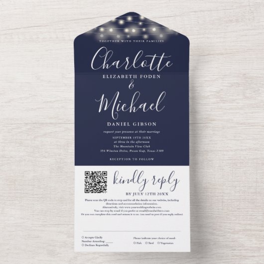 String Lights Navy Blue Script QR Code Hochzeit All In One Einladung (Innen Boden)
