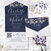 String Lights Navy Blue Script QR Code Hochzeit All In One Einladung
