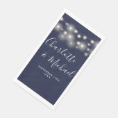 String Lights Navy Blue Signature Script Hochzeit Serviette (Ecke)