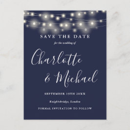 String Lights Navy Blue Wedding Save the Date Postkarte