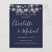 String Lights Navy Blue Wedding Save the Date Postkarte (Vorderseite)