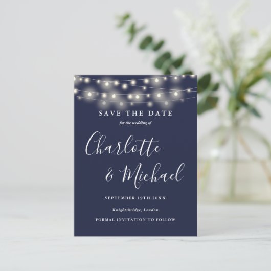String Lights Navy Blue Wedding Save the Date Postkarte (Stehend Vorderseite)