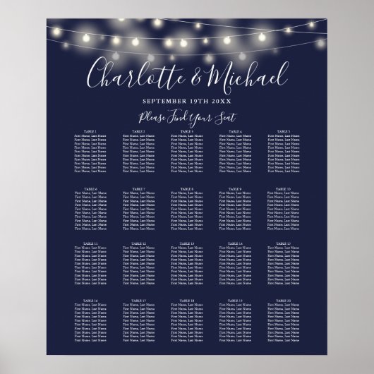 String Lights Navy Blue Wedding Seating Chart Poster (Vorne)