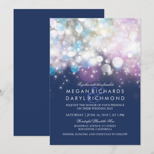 String Lights Navy Hochzeit Einladung (Vorne/Hinten)