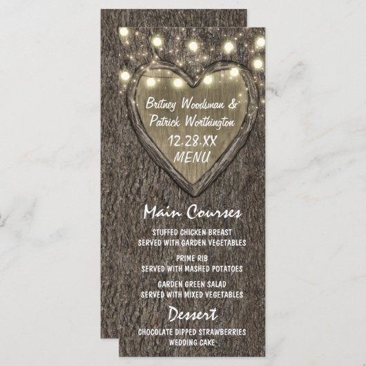 String Lights + Oak Tree Bark Wedding Menu Cards Menükarte (Vorne/Hinten)