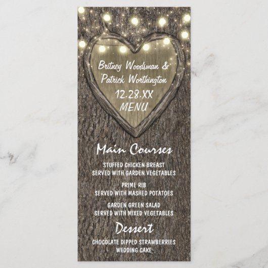 String Lights + Oak Tree Bark Wedding Menu Cards Menükarte (Vorderseite)