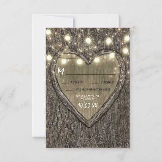 String Lights + Oak Tree Bark Wedding RSVP Cards (Vorderseite)