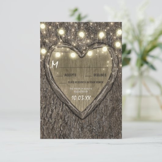 String Lights + Oak Tree Bark Wedding RSVP Cards (Stehend Vorderseite)