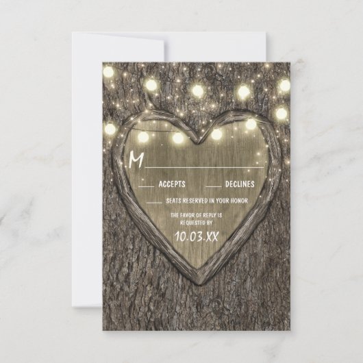 String Lights + Oak Tree Bark Wedding RSVP Cards Karte (Vorderseite)