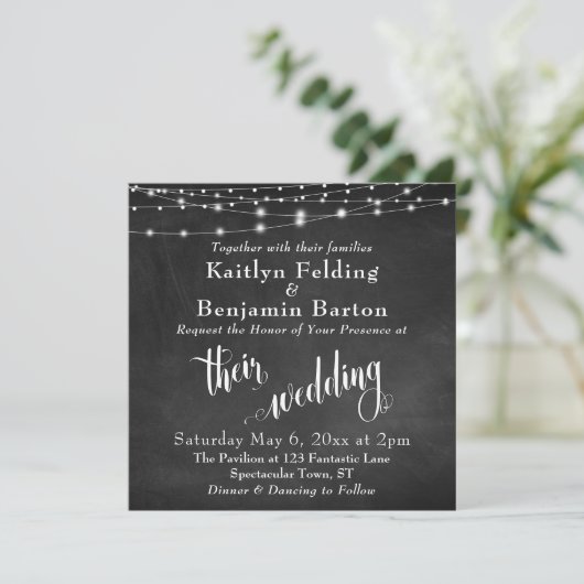 String Lights on Chalkboard Typografy Wedding Einladung (Stehend Vorderseite)