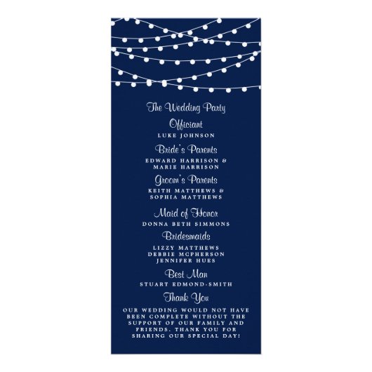 String Lights on Navy Blue Wedding Program Werbekarte (Hinten)