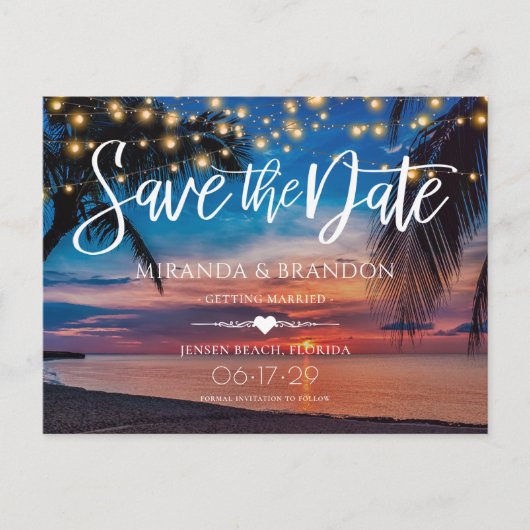 String Lights Palm Beach Hochzeit Save the Date Ankündigungspostkarte (Vorderseite)