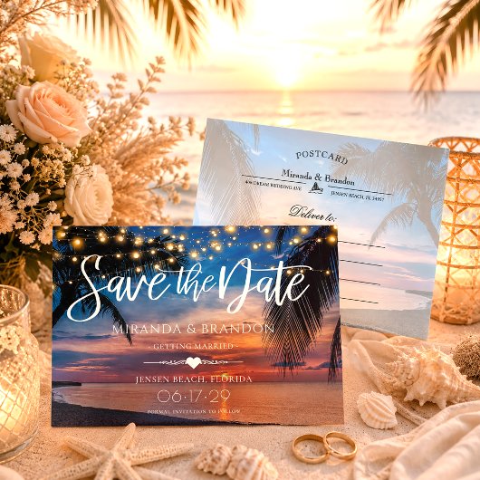 String Lights Palm Beach Hochzeit Save the Date Ankündigungspostkarte
