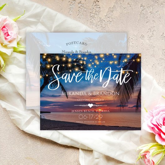 String Lights Palm Beach Hochzeit Save the Date Ankündigungspostkarte
