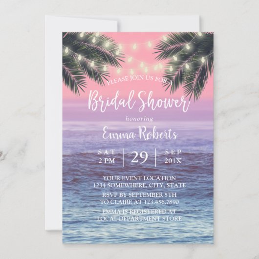 String Lights & Palm Tree Beach Brautparty Einladung (Vorderseite)