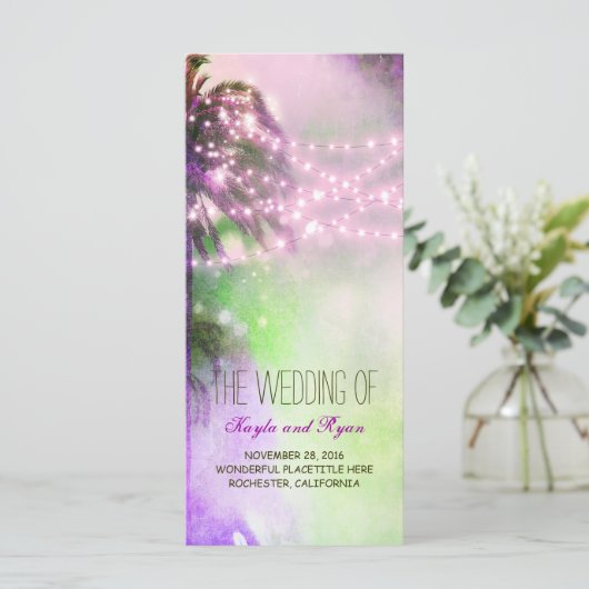 String Lights Palms Beach Lila Hochzeitsprogramme Programm (Stehend Vorderseite)