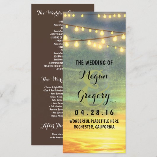 String Lights Palms Beach Sunset Weddingprogramme Programm (Vorne/Hinten)