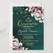 String Lights Pink Blume Green Quinceañera Einladung (Vorderseite)