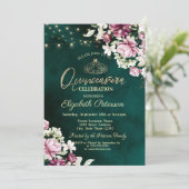 String Lights Pink Blume Green Quinceañera Einladung (Stehend Vorderseite)