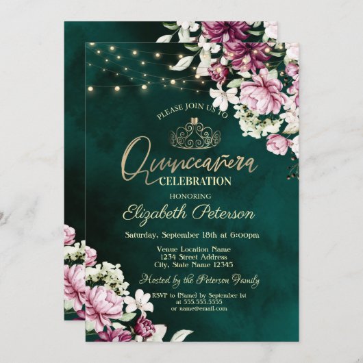 String Lights Pink Blume Green Quinceañera Einladung (Vorne/Hinten)