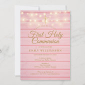 String Lights Pink Wood First Holy Communion Einladung (Vorderseite)