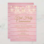 String Lights Pink Wood First Holy Communion Einladung (Vorne/Hinten)