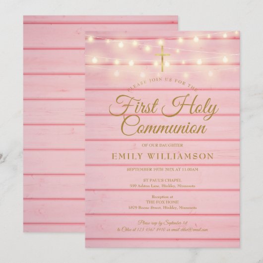 String Lights Pink Wood First Holy Communion Einladung (Vorne/Hinten)