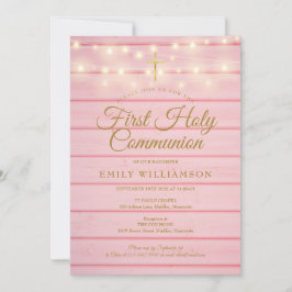 String Lights Pink Wood First Holy Communion Einladung