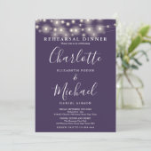 String Lights Purple Script Rehearsal Dinner Einladung (Stehend Vorderseite)