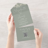String Lights QR Code Sage Green Wedding All In One Einladung (Abreißen)
