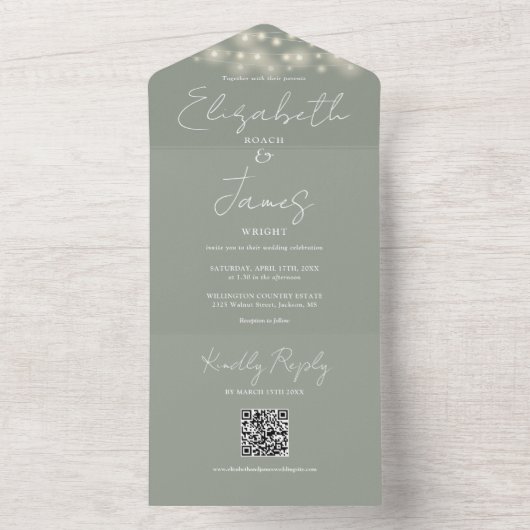 String Lights QR Code Sage Green Wedding All In One Einladung (Innen Boden)
