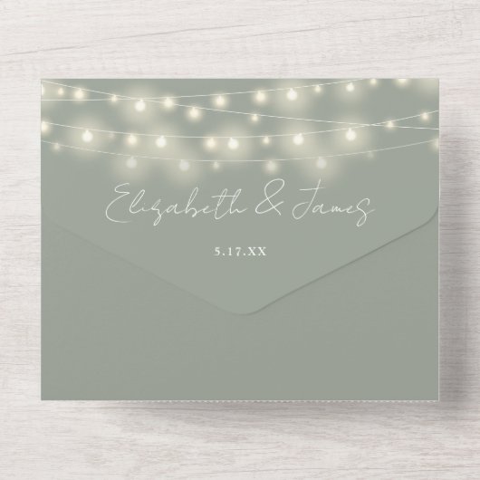 String Lights QR Code Sage Green Wedding All In One Einladung (Rückseite)