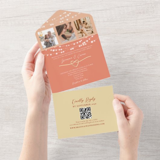 String Lights Retro Peach Wedding QR Code All In One Einladung (Abreißen)
