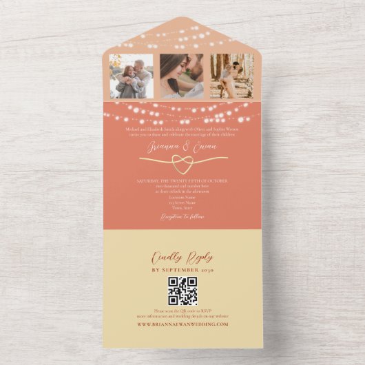 String Lights Retro Peach Wedding QR Code All In One Einladung (Innen Boden)