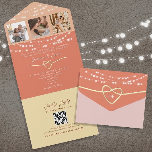 String Lights Retro Peach Wedding QR Code All In One Einladung