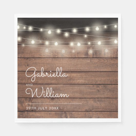 String Lights Rustic Barn Wood Elegantes Skript Serviette (Vorderseite)